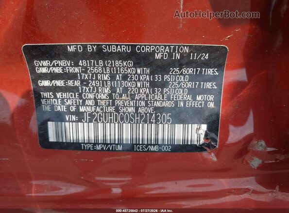 JF2GUHDC0SH214305 2025 SUBARU CROSSTREK Orange Engine compartment view