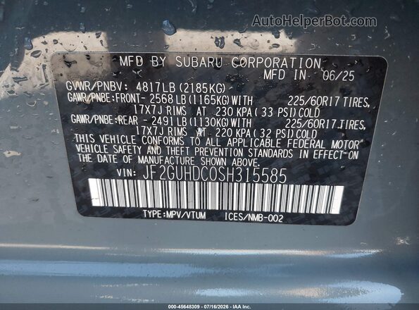 JF2GUHDC0SH315585 2025 SUBARU CROSSTREK Blue Engine compartment view