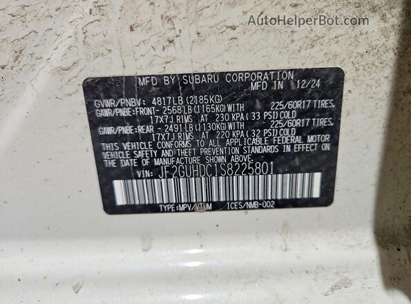 JF2GUHDC1S8225801 2025 SUBARU CROSSTREK White Вид наклейки з VIN-кодом