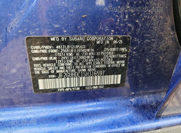 JF2GUHDC1SH316597 2025 SUBARU CROSSTREK Blue VIN კოდის სტიკერის ხედი