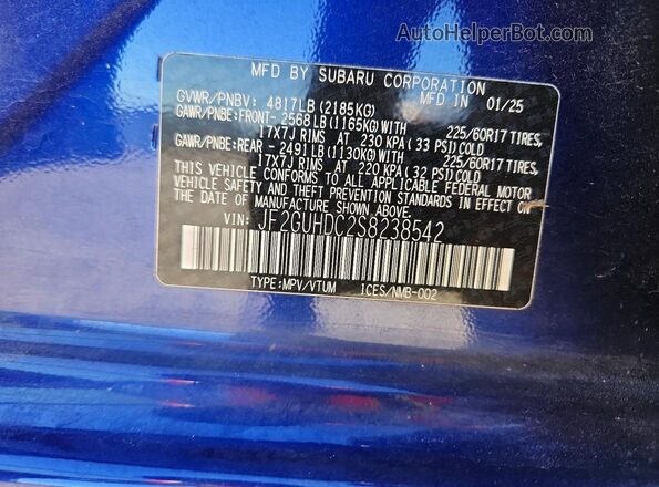 JF2GUHDC2S8238542 2025 SUBARU CROSSTREK Blue Widok naklejki z numerem VIN