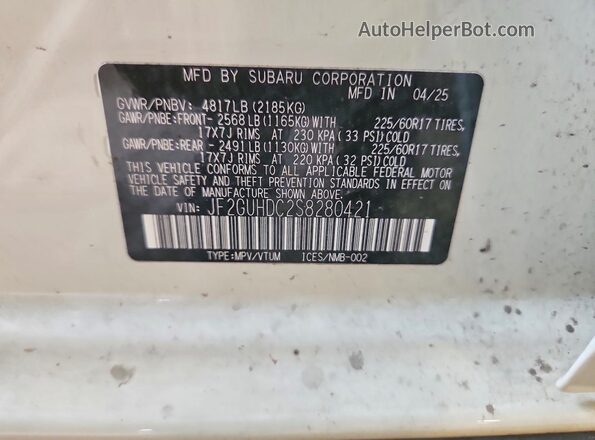 JF2GUHDC2S8280421 2025 SUBARU CROSSTREK White სალონის 360-გრადუსიანი ხედი