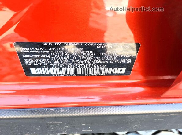 JF2GUHDC4SH278508 2025 SUBARU CROSSTREK Orange ძრავის განყოფილების ხედი