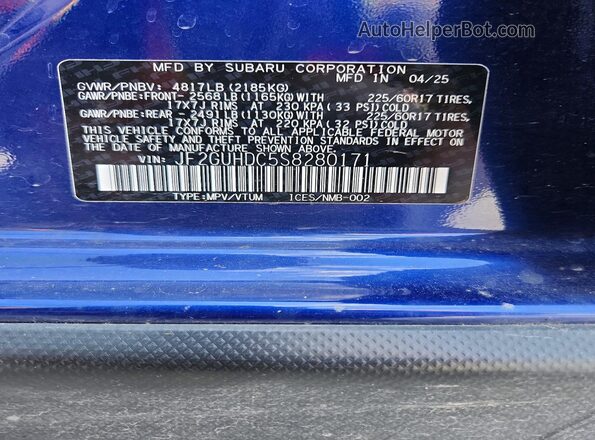 JF2GUHDC5S8280171 2025 SUBARU CROSSTREK Blue Widok naklejki z numerem VIN
