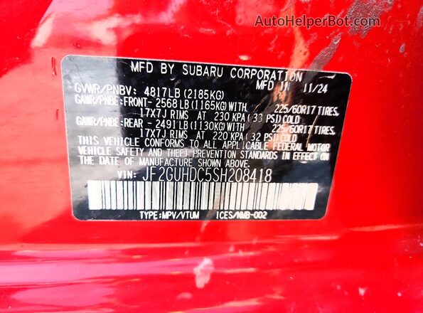 JF2GUHDC5SH208418 2025 SUBARU CROSSTREK Red VIN კოდის სტიკერის ხედი