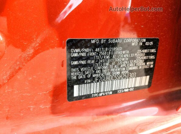 JF2GUHDC5SH251303 2025 SUBARU CROSSTREK Красный Вид наклейки с VIN-кодом