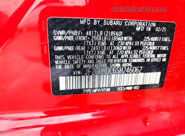 JF2GUHDC6SH246062 2025 SUBARU CROSSTREK Red Vista del compartimento del motor