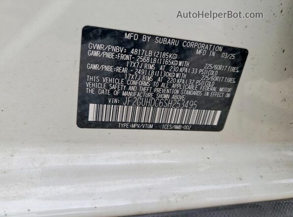 JF2GUHDC6SH253495 2025 SUBARU CROSSTREK White Widok naklejki z numerem VIN