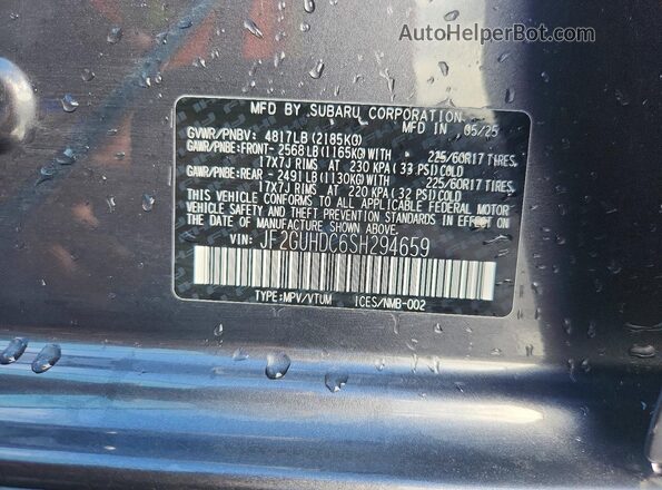 JF2GUHDC6SH294659 2025 SUBARU CROSSTREK Gray VIN կոդի պիտակի տեսք