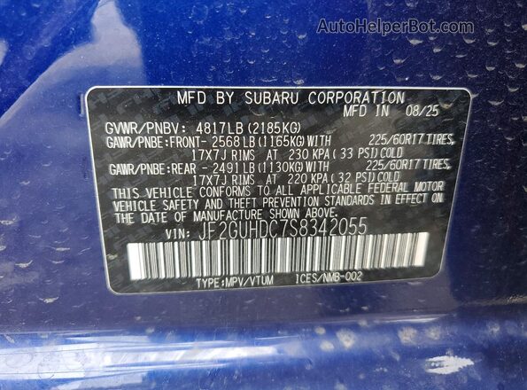JF2GUHDC7S8342055 2025 SUBARU CROSSTREK Blue Вид підкапотного простору