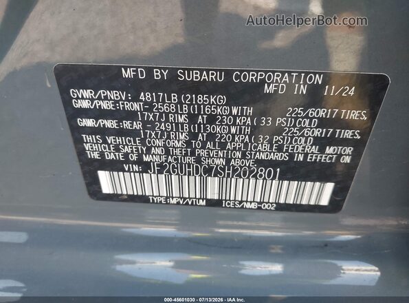 JF2GUHDC7SH202801 2025 SUBARU CROSSTREK Blue Вид підкапотного простору
