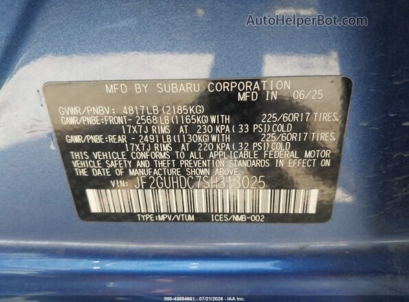 JF2GUHDC7SH313025 2025 SUBARU CROSSTREK Blue Vista del compartimento del motor