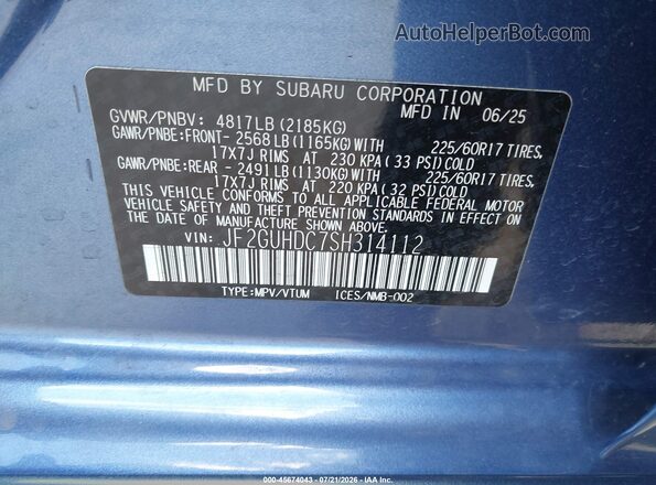 JF2GUHDC7SH314112 2025 SUBARU CROSSTREK Синий Вид подкапотного пространства