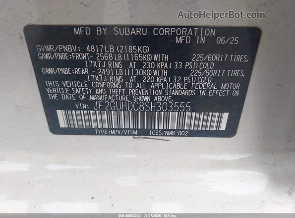 JF2GUHDC8SH303555 2025 SUBARU CROSSTREK White Vista del compartimento del motor