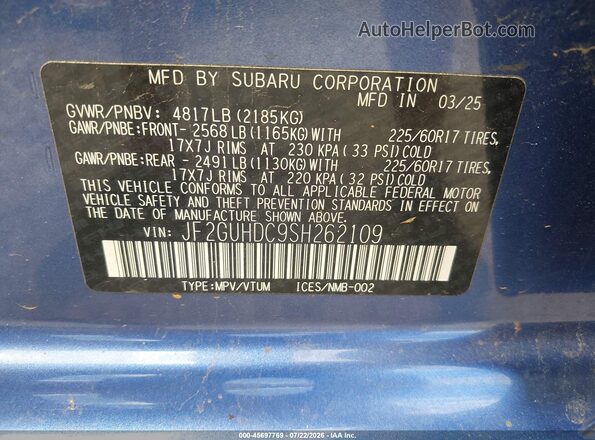 JF2GUHDC9SH262109 2025 SUBARU CROSSTREK Blue Widok komory silnika