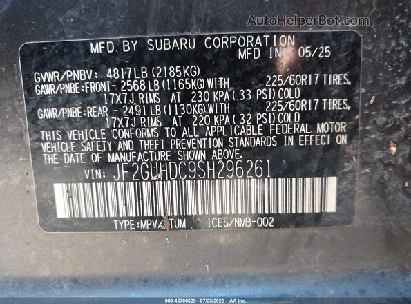 JF2GUHDC9SH296261 2025 SUBARU CROSSTREK Gray Вид підкапотного простору