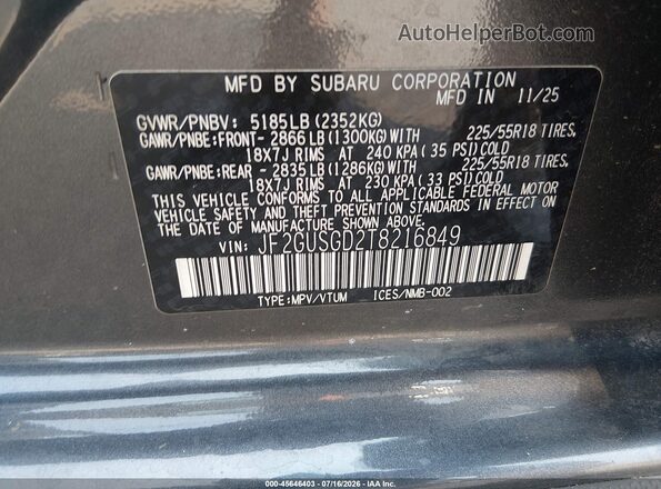 JF2GUSGD2T8216849 2026 SUBARU CROSSTREK Gray Widok komory silnika