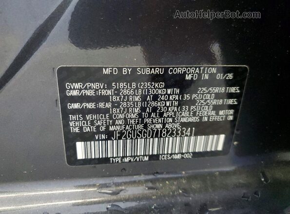 JF2GUSGD7T8233341 2026 SUBARU CROSSTREK Gray VIN კოდის სტიკერის ხედი