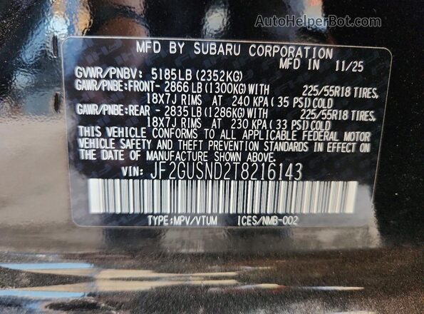 JF2GUSND2T8216143 2026 SUBARU CROSSTREK Черный Вид наклейки с VIN-кодом
