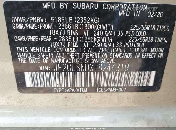 JF2GUSNDXT8244319 2026 SUBARU CROSSTREK Желто-коричневый Вид подкапотного пространства