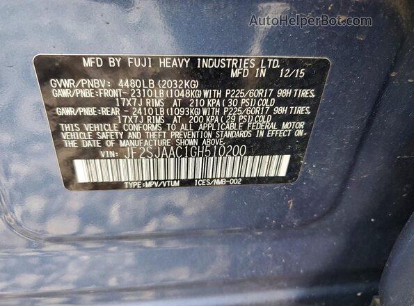 JF2SJAAC1GH510200 2016 SUBARU FORESTER Blue VIN კოდის სტიკერის ხედი