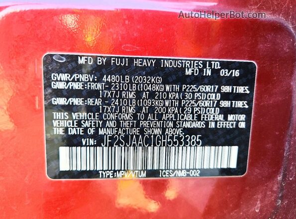 JF2SJAAC1GH553385 2016 SUBARU FORESTER Бордовый Панорамный вид салона 360°