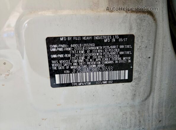 JF2SJAAC3HG576593 2017 SUBARU FORESTER White VIN კოდის სტიკერის ხედი