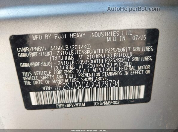 JF2SJAAC4GG429794 2016 SUBARU FORESTER Silver Engine compartment view