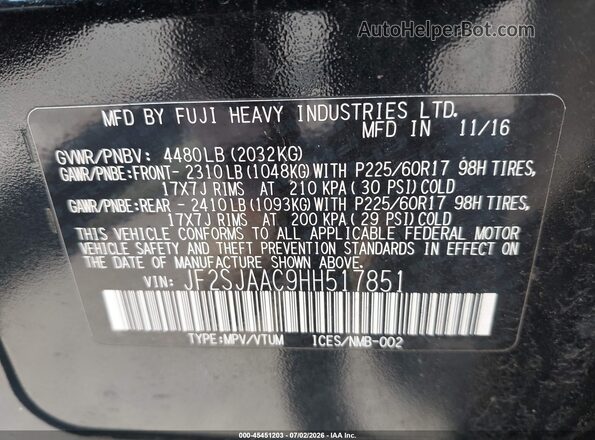 JF2SJAAC9HH517851 2017 SUBARU FORESTER Black Vista del compartimento del motor