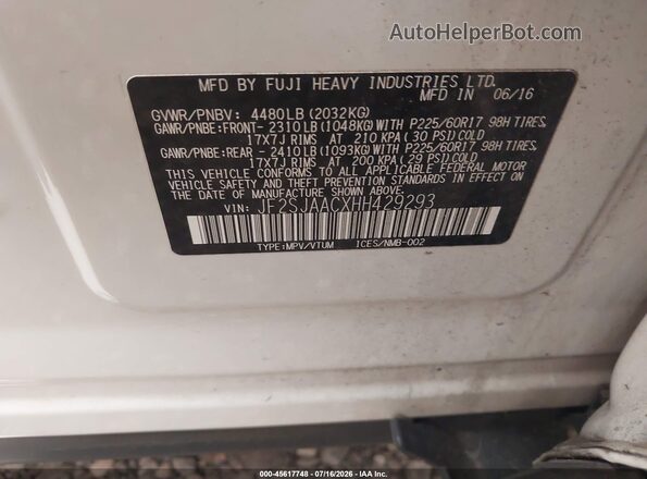 JF2SJAACXHH429293 2017 SUBARU FORESTER White ძრავის განყოფილების ხედი