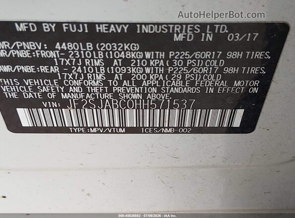 JF2SJABC0HH571537 2017 SUBARU FORESTER White Engine compartment view