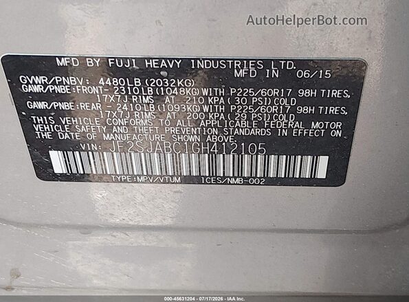 JF2SJABC1GH412105 2016 SUBARU FORESTER Silver Вид підкапотного простору