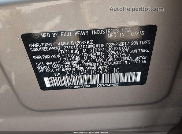 JF2SJABC1GH420110 2016 SUBARU FORESTER Gold Vista del compartimento del motor