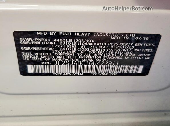 JF2SJABC1GH422911 2016 SUBARU FORESTER White Vista de la etiqueta del VIN
