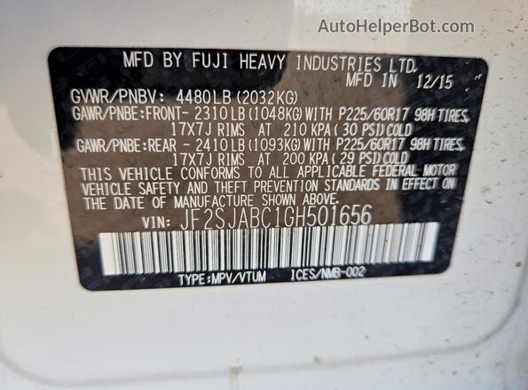 JF2SJABC1GH501656 2016 SUBARU FORESTER Белый Вид наклейки с VIN-кодом