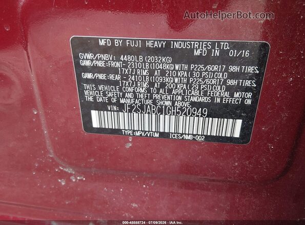 JF2SJABC1GH520949 2016 SUBARU FORESTER Red ძრავის განყოფილების ხედი