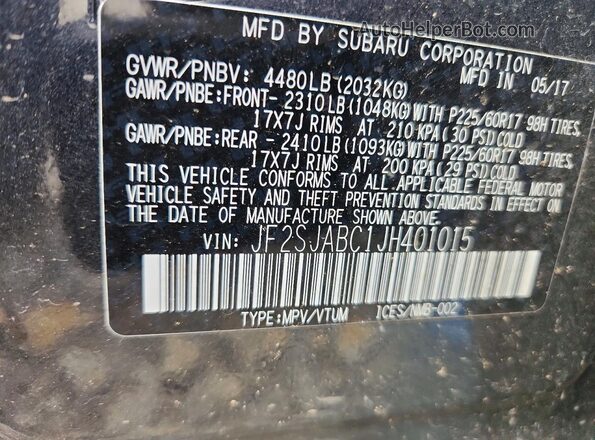 JF2SJABC1JH401015 2018 SUBARU FORESTER Gray VIN կոդի պիտակի տեսք