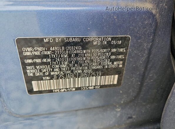JF2SJABC1JH572539 2018 SUBARU FORESTER Blue Widok naklejki z numerem VIN