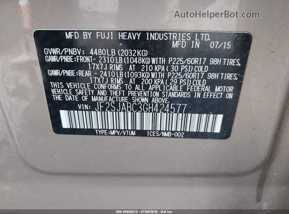 JF2SJABC3GH424577 2016 SUBARU FORESTER Brown Widok komory silnika