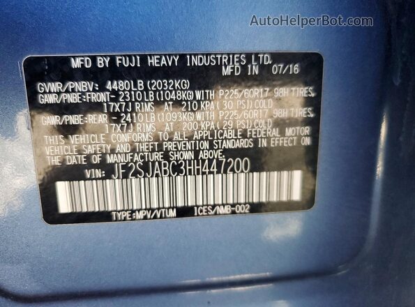 JF2SJABC3HH447200 2017 SUBARU FORESTER Blue Widok naklejki z numerem VIN
