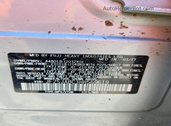 JF2SJABC3HH569619 2017 SUBARU FORESTER Серебряный Вид наклейки с VIN-кодом
