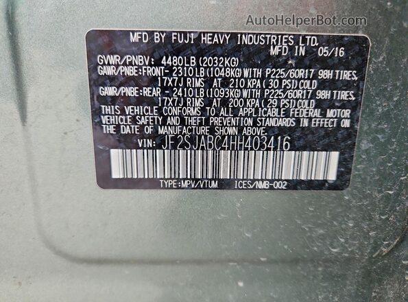 JF2SJABC4HH403416 2017 SUBARU FORESTER Green Widok naklejki z numerem VIN