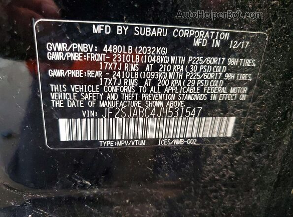 JF2SJABC4JH531547 2018 SUBARU FORESTER Black VIN կոդի պիտակի տեսք