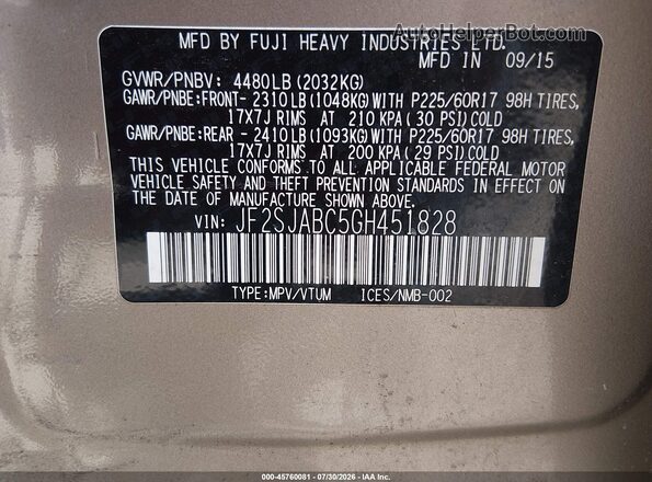 JF2SJABC5GH451828 2016 SUBARU FORESTER Tan Widok komory silnika