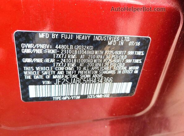 JF2SJABC5HH434366 2017 SUBARU FORESTER Burgundy Вид наклейки з VIN-кодом