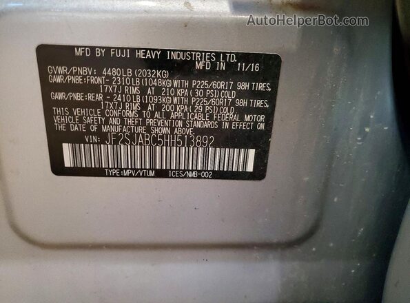 JF2SJABC5HH513892 2017 SUBARU FORESTER Серебряный Вид наклейки с VIN-кодом