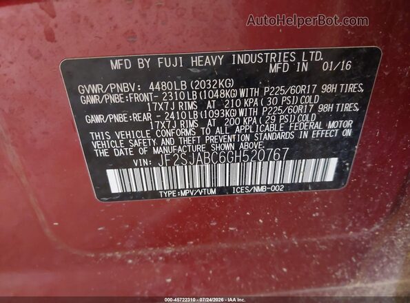 JF2SJABC6GH520767 2016 SUBARU FORESTER Red Շարժիչի բաժամունքի տեսք