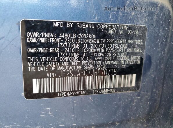 JF2SJABC7JH570715 2018 SUBARU FORESTER Blue VIN sticker view