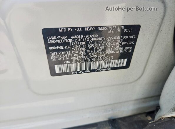 JF2SJABC8GH403840 2016 SUBARU FORESTER White Вид наклейки з VIN-кодом
