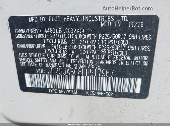JF2SJABC8HH517967 2017 SUBARU FORESTER White Widok komory silnika